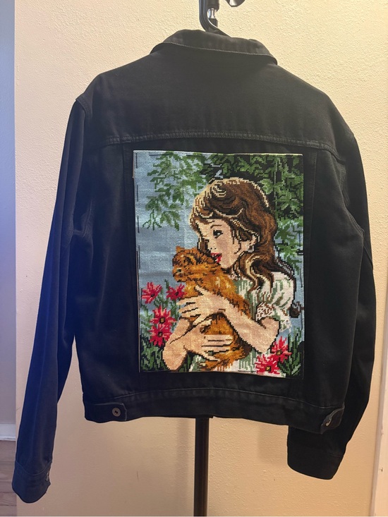 Jackets & Blazers - Black Denim Jacket with Embroidered Girl & Cat Patch